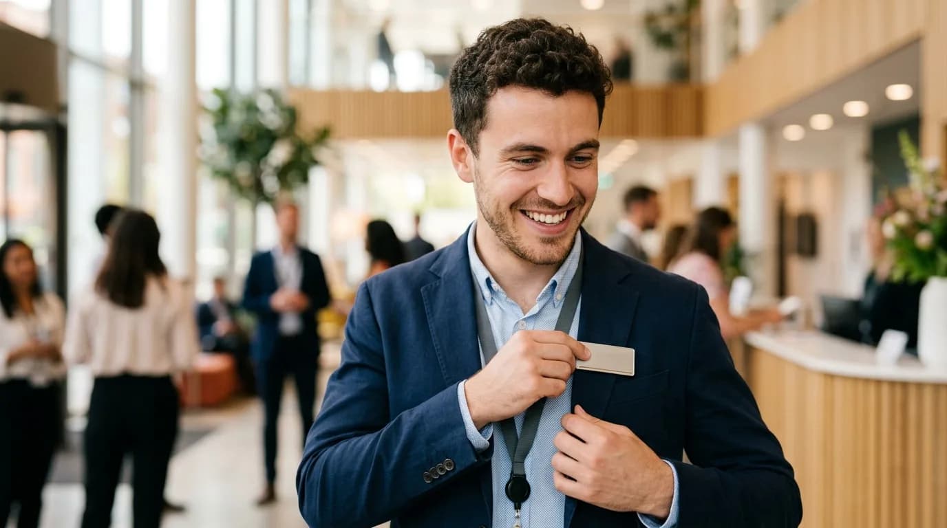 Neuer Mitarbeiter befestigt am ersten Arbeitstag lächelnd seinen Namensausweis