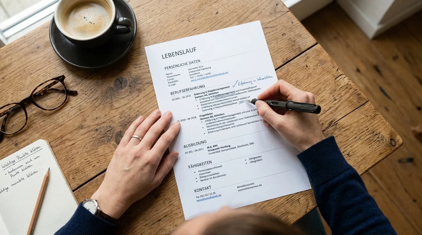 Ausgedruckter Lebenslauf mit Stift, Notizen und Kaffee auf einem Holztisch von oben